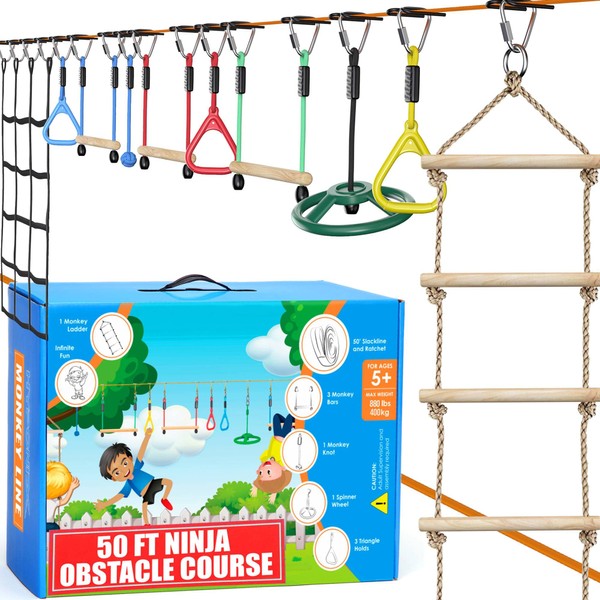 Hyponix Ninja Warrior Obstacle Course for Kids up to 880 Lbs - 2 x 50 ft - 10 Durable Obstacles & Weatherproof | Obstacles Designed for Kids | Setup on Trees or Posts | Kids Obstacle Course