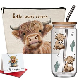 HIWERAN 3pcs Highland Cow Gifts Set for Cow Lover, Highland Cow Makeup Bag & Glass Cup 16oz & Card Gifts for Cow Lover, Highland Cow Gifts, Funny Birthday, Christmas Gifts for Women, Cow Lover Gifts