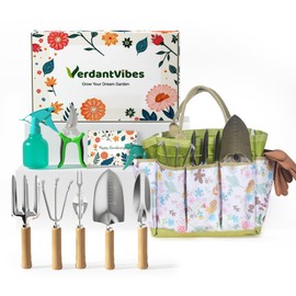 Gardening Tools Set 9-Piece Heavy-Duty Gardening Hand Tools with Floral Tote Bag, Stainless Steel Garden Supplies Kit Ideal Gardening Gifts for Women Mom Wife