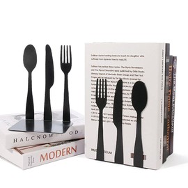 Pissente Cookbook Bookends, Decorative Metal Book Stoppers, Silver and Black, 2 Pieces, Sturdy