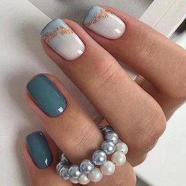 Press on Nails Short Square Fake Nails Sea Blue Acrylic Nails Press ons Glossy Full Cover False Nails with Golden Glitter Designs Glue Stick on Nails for Women Girls 24 Pcs