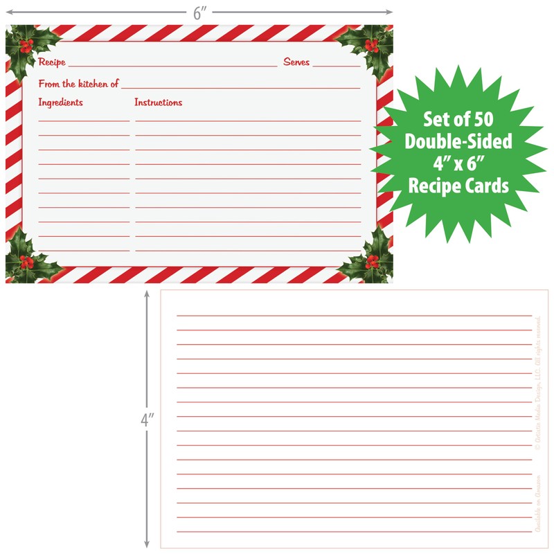 Christmas Recipe Cards Set of 50 - Double-Sided 4x6 Premium