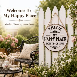 Funny Garden Metal Sign "This Is My Happy Place Don't F It Up" 12x12 Inch Vintage Round Welcome Sign, Wall Decor for Home Garden Farm Patio Coffee Bar
