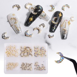 WEILUSI Gold Moon Nail Art Charms Kit 3D Alloy Nail Art Decoration -Mixed AB Crystal Rhinestones Pearl Nail Charm Jewelry Metal Moon Studs Manicure Accessories for Women Nails Design DIY Craft
