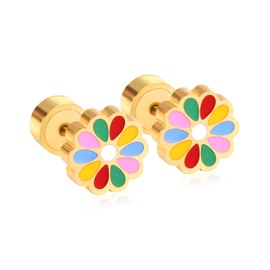 Rainbow Flower Gold Plated Flat Screw Back Small Stud Earrings Cute Colorful Minimalist Daisy Sunflower Cartilage Tragus Piercing Sleeper Tiny Mini Studs Earring