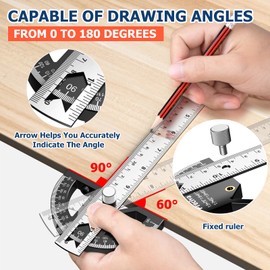 Preciva Woodworking Scribing Angle Ruler, Angle Protractor with 300mm Stainless Steel Marking Ruler, Precision Engineer Woodworking Rule for Line Marking, Circle Drawing, Length Measurement, DIY