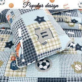 Cozy Line Home Fashions Little League Sports Baseball Basketball Football Soccer 3-Piece Blue Plaid Patchwork Cotton Polyester Reversible Queen Quilt Bedding Set