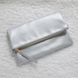 Women's Zipper Foldover Clutch Vegan Leather Envelope Cross body Bag with Chain Strap (Silver)