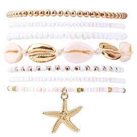 CYWQ 7 Pieces Summer Beach Bracelets for Women Boho Multilayer Beads Shell Starfish Surfer Bracelets Set Holiday Jewelry Accessories Gifts