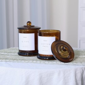 Ronasip 2 pack Cotton Buds Holder, Cotton Wool Pads Jar, 16 Oz Glass Qtip Dispenser Holder for Qtips, Swabs,Makeup Sponges (Amber)