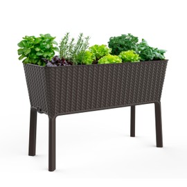 Keter Splendor 31.7 Gallon Raised Garden Bed with Self Watering Planter Box and Drainage Plug-Perfect for Growing Fresh Vegetables, Flowers and Herbs, Brown