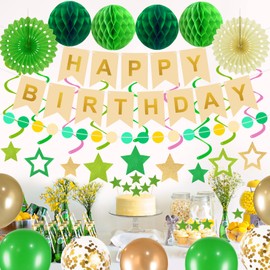 79Pcs Birthday Decorations Happy Birthday Banner Green Gold Balloons Paper Fans Honeycomb Balls Garland Cupcake Toppers for Women Men Neutral Wild One Party Decorations