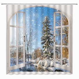 Jingjiji Winter Shower Curtain Snow Scene Snowflake World Forest Tree Pine Natural Scenery Wooden Window Bathroom Decoration Curtains Polyester Fabric Waterproof with Hook 70 x 70 Inch