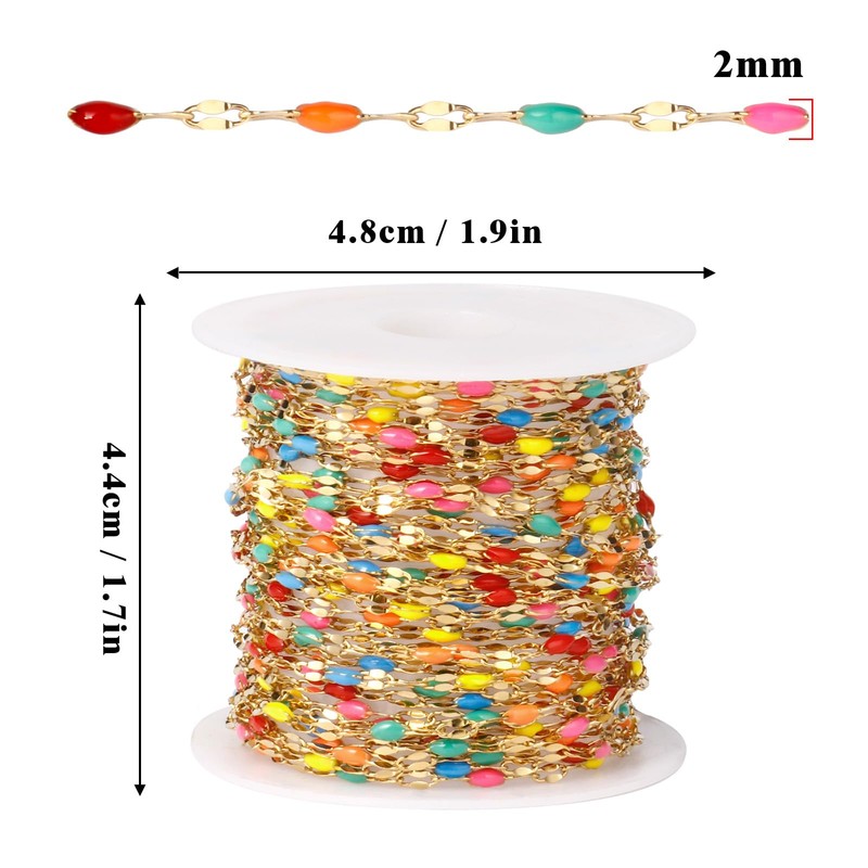 16.5FT 18K Gold PVD Plated Colorful Enamel Chain Roll, 2MM