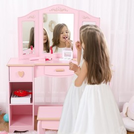 Garvee Kids Vanity with Tri-Fold Mirror, Little Girls Vanity Table & Stool, Kids Makeup with Drawer & Open Shelves for 3-9 Yrs Girls, Pink