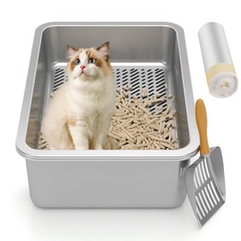Stainless Steel Sifting Litter Box,Sifting Cat Litter Box for Wood Pine Pellets,Medium Sifter Litter Pan System for Little Kittens,Odor Control,Easy to Clean,with Litter Box Liners and Metal Scoop