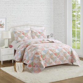 MODERN HEIRLOOM Coventry Vintage Patchwork Floral 2-Piece Quilt Set, Lightweight All Seasons Coverlet, 1 Quilt and 1 Pillow Sham (Twin Size, Blue/Coral/White)