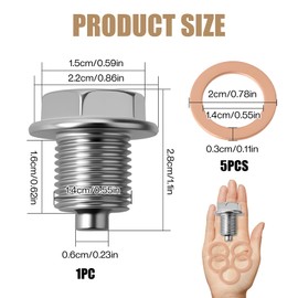 Magnetic Oil Drain Plug M14 X 1.5, Stainless Steel Sump Drain Nut Bolt, Universal Oil Sump Plug with 5 Copper Crush Washer, Sump Replacement for Most Cars Motorcycles