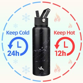 Konokyo Insulated Water Bottle with Straw,40 oz 3 Lids Metal Bottles Stainless Steel Water Flask,Marble Midnight
