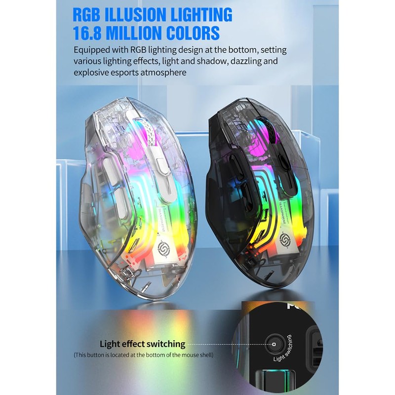 Docooler Wireless Gaming Mouse, Transparent Crystal Shell, 3 Modes (USB