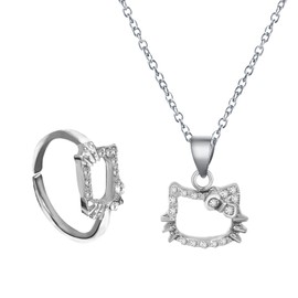 BJPERFMS Kitty Necklace, 2 Pieces Kitty Jewellery, Kitty Ring, Kitty Necklace, Kitty Pendant, Kawaii Diamond Cat Rings Chain, Kitty Necklace, Jewellery Gifts for Girls, Zinc, No Gemstone