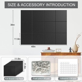 Large Cork Boards for Felt Walls - 48 x 36 inches Bulletin Board with Safe Removable Adhesive Tabs, 12 Pack Cork Board for Office & Home Decoration, Black