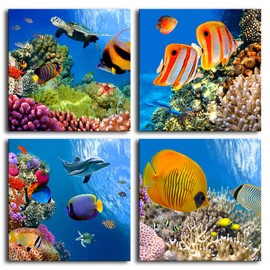 Bathroom Canvas Wall Art Sea Turtle Wall Decor for Living Room Colorful Fish Coral Dolphin Ocean Theme Underwater World Pictures for Bedroom Navy Seascape Artwork Framed Nautical Wall Decor