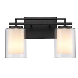 TRANS GLOBE 22482 BK I Lisbon Collection 14 Inch Two-Light Bathroom Vanity - in a Black Finish | Metal Housing I Clear & Frosted Shades I Modern Contemporary Light Fixture |