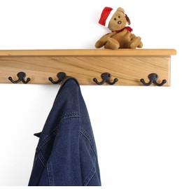 PegandRail Solid Cherry Shelf Coat Rack with Aged Bronze Double Style Hooks - Made in The USA (Natural, 21" with 4 Hooks)