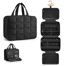 Manuqia Travel Toiletry Bag with Separate Jewelry Organizer, Water-resistant Makeup Bag with Hanging Hook, Large Capacity Travel Organizer for Toiletries, Cosmetic, Vacation Essentials - Large