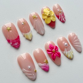 Luxury Press on Nails Medium Almond Handmade 3D Unique Reusable ABS Material Fake Nails French Tip False Nails with Designs Pink Floral Pearls Summer Glossy Glue on Nail Thick Acrylic Nail(S)