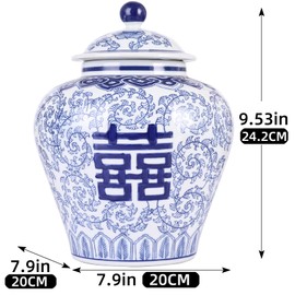 Handmade Blue and White Porcelain Ginger Jar 9.53"H-Chinoiserie Decorative Jar for Home Décor, Ceramic Vase, Decorative Sculpture, and Flower Display (Happy Jar)