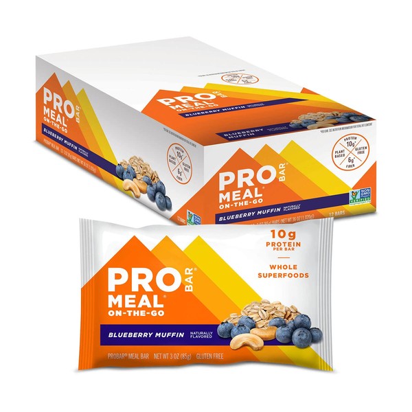 PROBAR - Meal Bar, Blueberry Muffin, Non-GMO, Gluten-Free, Healthy, Plant-Based Whole Food Ingredients, Natural Energy, 3 Ounce (Pack of 12)