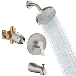 Aolemi Tub Shower Faucet Set With Valve Wall Mount Shower Trim Kit 6 Inch Bathtub Fixtures Rough-in Valve Single-Spray Shower Head System 5.3 Inch Tub Spout Brushed Nickel Modern