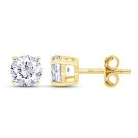 SAVEARTH DIAMONDS 4-Prong Solitaire Style, 7MM Round Cut Lab Created Moissanite Diamond Stud Earrings For Womens In 14K Yellow Gold Over Sterling Silver (D Color, VVS1 Clarity, 2.40 Cttw)