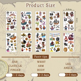 YXBWM 10pcs Children'S Temporary Tattoo Stickers, Pirate Theme Waterproof Cartoon Tattoo Stickers, Suitable For Boys And Girls, Birthday Gift Party Fillers (pirate)