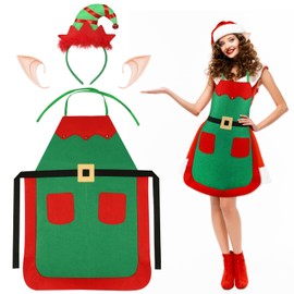 MONCAP 3 Sets Christmas Elf Apron Christmas Apron Elf Costume Christmas Elf Costume Elf Aprons Elf Hats with Elf Ear for Adults Christmas Parties New Year Christmas Party Costume