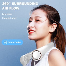 Windyupon Portable Neck Fan, 360° Cooling Neck Fan Air Conditioner with Adjustable 3 Speed, 4000mAh Battery Rechargeable USB Fan, Hands Free Wearable Design Bladeless Fan for Travel Office(White)