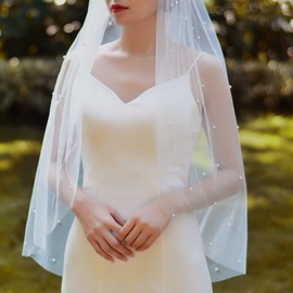 azaleas Wedding Bridal Veil with Comb 1 Tier Cut Edge Fingertip&Cathedral Length Pearl(V05)
