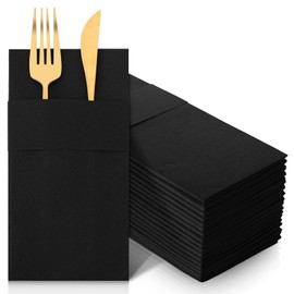 Cindeer 150 Pcs Black Linen Dinner Feel Napkins with Built in Flatware Pocket Prefolded Paper Disposable Airlaid Guest Hand Towel for Silverware Wedding Reception Christmas Baby Shower