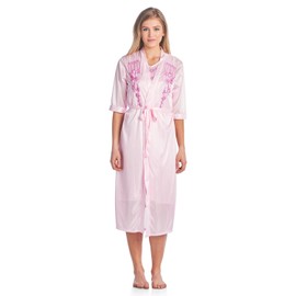 Casual Nights Women's Satin 2 Piece Robe and Nightgown Set - Embroidered Pink - X-Large