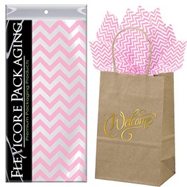 Flexicore Packaging Natural Brown Kraft Paper Welcome Bags & Light Pink Gift Wrap Tissue Paper | Size: 5.25 Inch X 3.25 Inch X 8.25 Inch | Count: 5 Bags | Color: Light Pink Chevron