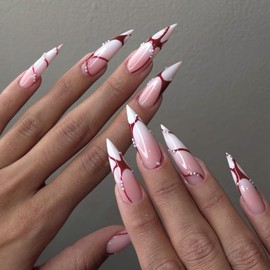 MISUD Press on Nails Long Stiletto Fake Nails Glossy Glue on Nails Goth Red Swirl Acrylic Nail Supplies Almond Artificial Nail Art White Ombre Stick on False Nails with Pearl Design DIY 24 pcs