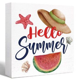 Hello Summer Decor Wood Box Sign Summer Sun hat Watermelon Wooden Block Sign Desk Décor for Home Bedroom Office Desk Cubicle Table Shelf Tabletop Décor,Cute Summer Beach Sign Decor