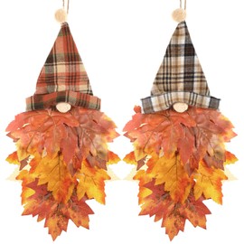 Sosation Fall Decor Artificial Maple Gnome Front Door Hanging Decorations, Maple Leaves Gnomes Autumn Thanksgivings Decor for Harvest Home Farmhouse Front Porch Door Wall (Orange)