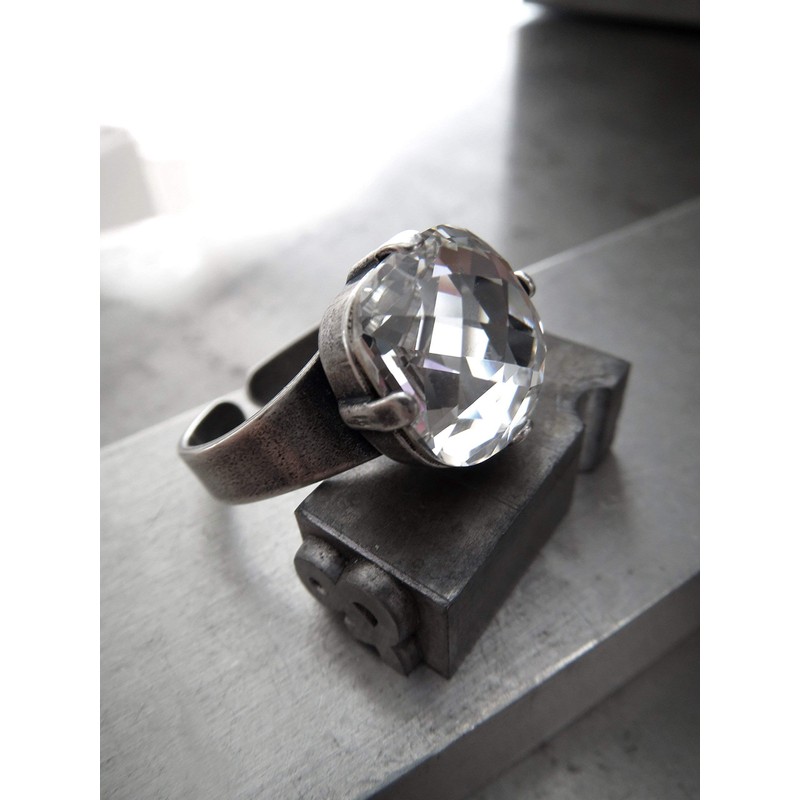 Sparkly Clear Crystal Ring with Antique Silver Plated Adjustable Band