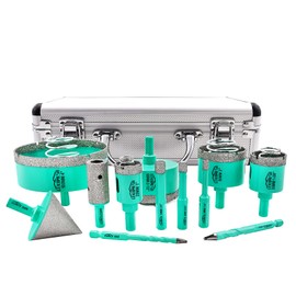 LEKOMESH Tile Hole Saw Kit - (6/8/10/25/35/50/65/100mm+20mm Finger Bit+50mm Chamfer Bit+6/8mm Tile Drill Bits) Diamond Drill Bits for Porcelain Ceramic Marble Brick Granite,Triangle Shank