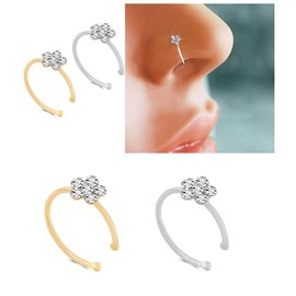KUYIUIF Silver Gold Thin Diamond Flower Clear Crystal Nose Ring Stud Hoop-Sparkly Crystal Nose Ring (2 pcs)