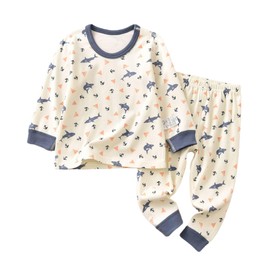 [POBIDOBY] Kids, Boys/Girls, 100% Cotton, Room Wear, Long Sleeve, Pajamas, Nightwear, Top and Bottom Set, For Girls, Boys, High End Boys, Girls, 2-14 Years Old, shark - beige