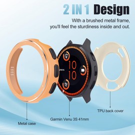 BEARDDO [2 in 1] Metal Case for Garmin Venu 3s 41mm with TPU Back Cover, Rugged Shockproof All-Round Protector Cover with Cleaning Cloth Accessories for Venu 3s 41mm Bezel Case (Rose Gold)